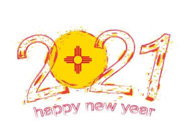 New Mexico bayrağıyla mutlu bir 2021 yılı. Holiday grunge vektör çizimi.