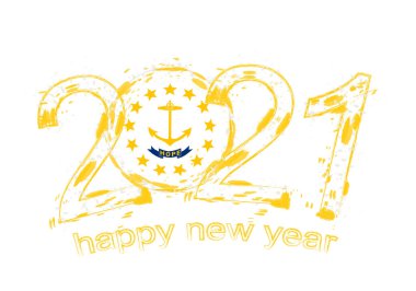 Rhode Island bayrağıyla mutlu bir 2021 yılı. Holiday grunge vektör çizimi.