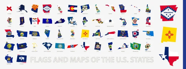 アメリカ合衆国のすべての州はアルファベット順にソートされた ベクトル図の輪郭と旗 — ストックベクタ