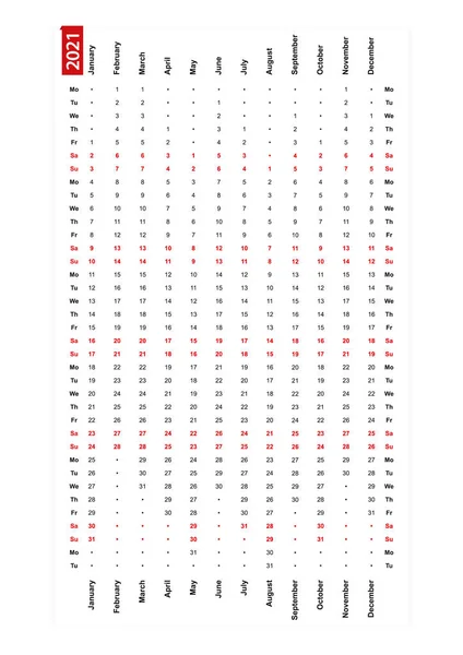 Een Rij Verticale Kalender 2021 Maandag Eerste Dag Van Week — Stockvector