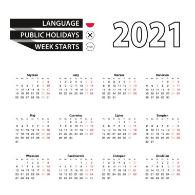 Lehçe 2021 takvimi, hafta pazartesi başlıyor. Vektör takvimi 2021.