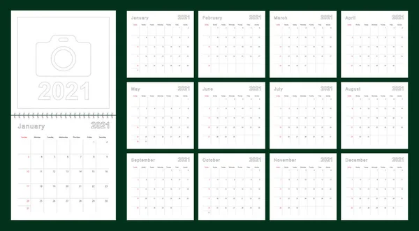 Einfacher Wandkalender 2021 Jahr Mit Gestrichelten Linien Der Kalender Ist — Stockvektor