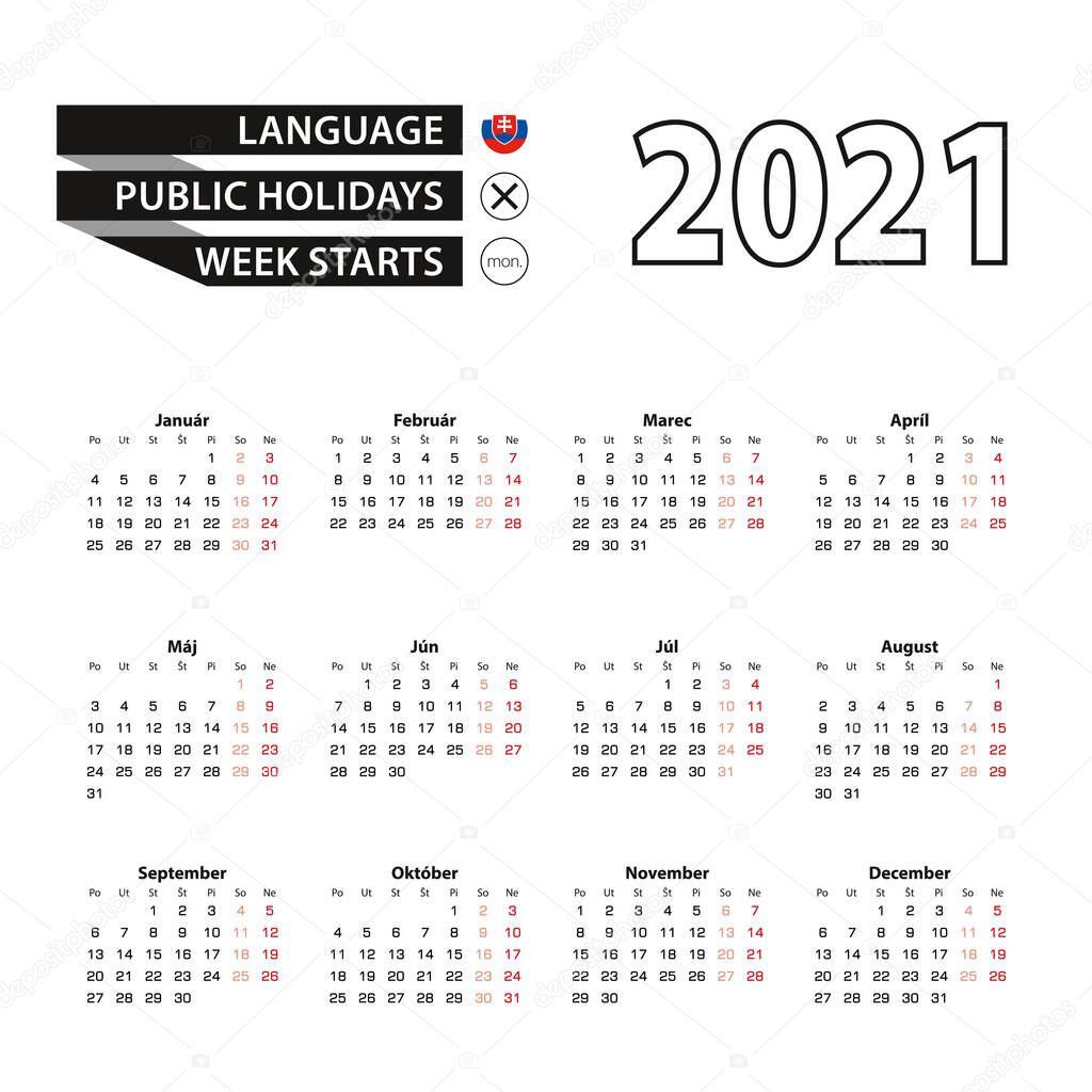 Calendar 2021 in Slovak language, week starts on Monday. Vector calendar 2021 year.