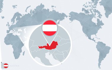 Büyütülmüş Avusturya ile birlikte Pasifik merkezli dünya haritası. Avusturya bayrağı ve haritası.