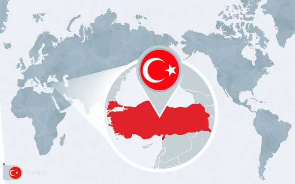 Büyütülmüş Türkiye Ile Birlikte Pasifik Merkezli Dünya Haritası Türkiye Bayrağı — Stok Vektör