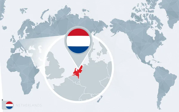 Pacific Centered Mapa Světa Zvětšeným Nizozemím Vlajka Mapa Nizozemska — Stockový vektor