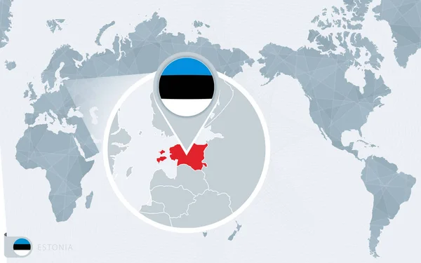 Pacific Centered World Map Magnified Estonia Inglés Bandera Mapa Estonia — Vector de stock