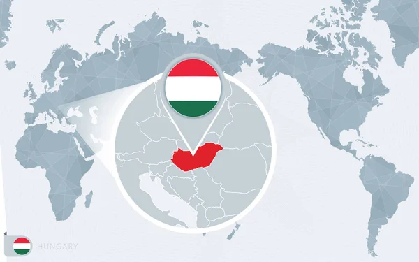 Pacific Center Mapa Mundo Com Hungria Ampliada Bandeira Mapa Hungria — Vetor de Stock