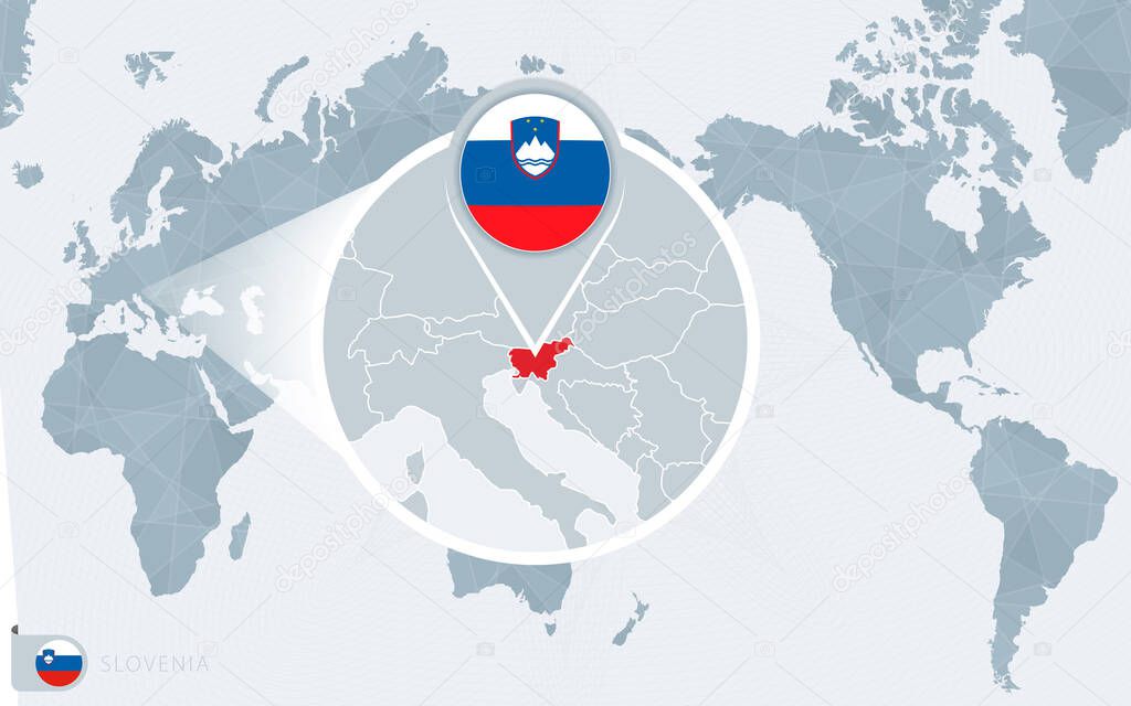 Pacific Centered World map with magnified Slovenia. Flag and map of Slovenia.