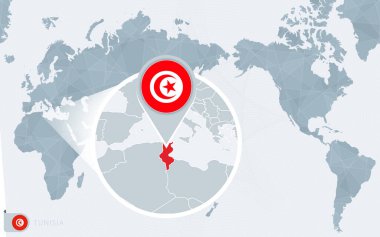 Pasifik merkezli, büyütülmüş Tunus 'lu dünya haritası. Tunus bayrağı ve haritası.
