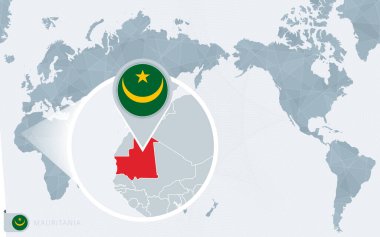 Büyütülmüş Moritanya ile Pasifik merkezli dünya haritası. Moritanya bayrağı ve haritası.