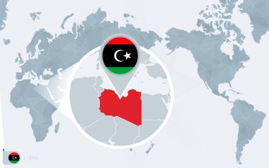 Büyütülmüş Libya ile Pasifik merkezli dünya haritası. Libya bayrağı ve haritası.