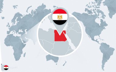 Büyütülmüş Mısır 'ın olduğu Pasifik merkezli dünya haritası. Mısır bayrağı ve haritası.