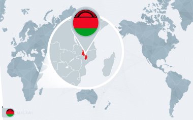 Büyütülmüş Malawi ile Pasifik merkezli dünya haritası. Malawi bayrağı ve haritası.