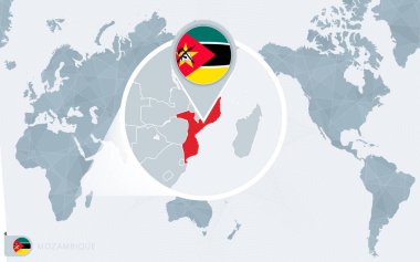 Büyütülmüş Mozambik ile Pasifik merkezli dünya haritası. Mozambik bayrağı ve haritası.
