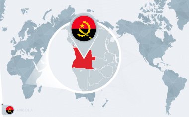 Pasifik merkezli dünya haritası ve büyütülmüş Angola. Angola bayrağı ve haritası.