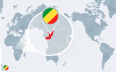 Büyütülmüş Kongo ile Pasifik merkezli dünya haritası. Kongo bayrağı ve haritası.
