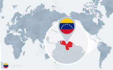 Büyütülmüş Venezuela 'lı Pasifik merkezli dünya haritası. Venezuela bayrağı ve haritası.
