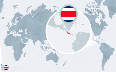 Büyütülmüş Kosta Rika ile Pasifik merkezli dünya haritası. Kosta Rika bayrağı ve haritası.