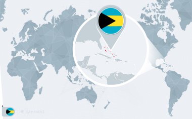 Pasifik merkezli dünya haritası ve büyütülmüş Bahamalar. Bahamalar 'ın bayrağı ve haritası.