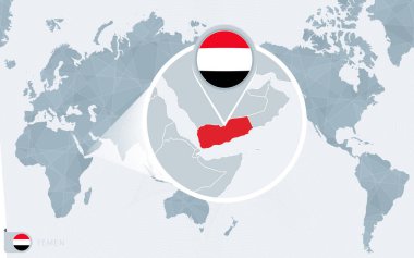 Büyütülmüş Yemen ile Pasifik merkezli dünya haritası. Yemen bayrağı ve haritası.