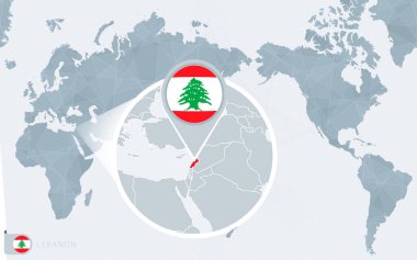 Büyütülmüş Lübnan 'lı Pasifik merkezli dünya haritası. Lübnan bayrağı ve haritası.