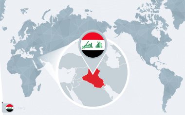 Pasifik merkezli dünya haritası ve büyütülmüş Irak. Irak bayrağı ve haritası.