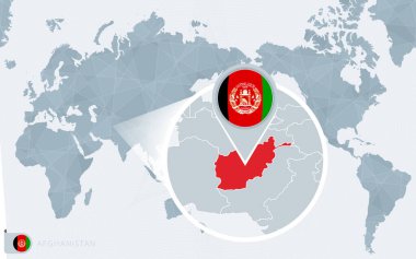 Pacific Centered World map with magnified Afghanistan. Flag and map of Afghanistan. clipart