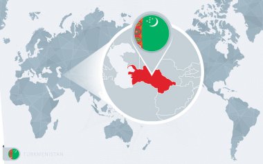 Büyütülmüş Türkmenistan ile Pasifik merkezli dünya haritası. Türkmenistan bayrağı ve haritası.