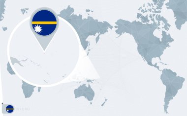 Büyütülmüş Nauru ile Pasifik merkezli dünya haritası. Nauru bayrağı ve haritası.