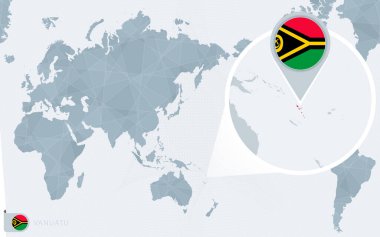 Büyütülmüş Vanuatu ile Pasifik merkezli dünya haritası. Vanuatu bayrağı ve haritası.