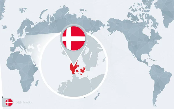 Mapa Mundo Centrado Pacífico Com Dinamarca Ampliada Bandeira Mapa Dinamarca — Vetor de Stock