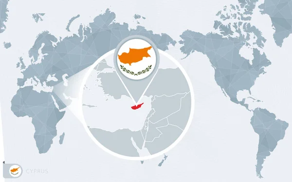Pacific Centered Mapa Del Mundo Con Chipre Magnificado Bandera Mapa — Vector de stock