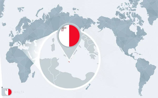 Pacific Centered Världskarta Med Förstorade Malta Maltas Flagga Och Karta — Stock vektor