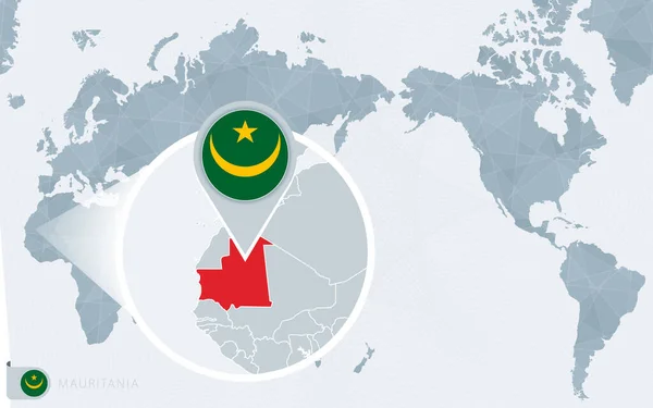 Pazifikzentrierte Weltkarte Mit Vergrößertem Mauretanien Flagge Und Karte Von Mauretanien — Stockvektor