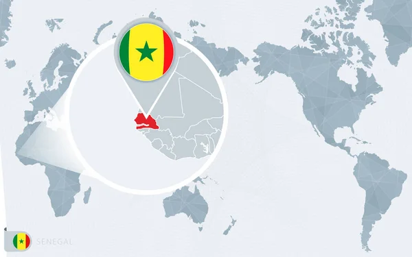 Pacific Centered Världskarta Med Förstorad Senegal Flagga Och Karta Över — Stock vektor