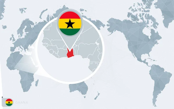 Pacific Centered World Map Magnified Ghana Inglés Bandera Mapa Ghana — Archivo Imágenes Vectoriales