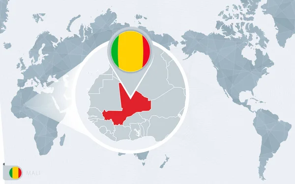 Carte Monde Centrée Sur Pacifique Avec Mali Magnifié Drapeau Carte — Image vectorielle