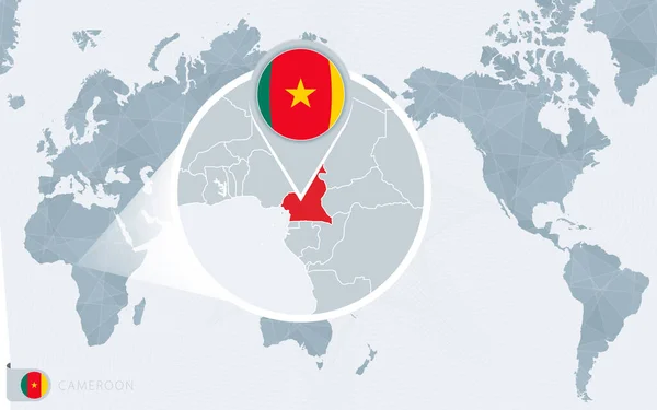Carte Monde Centrée Sur Pacifique Avec Cameroun Agrandi Drapeau Carte — Image vectorielle