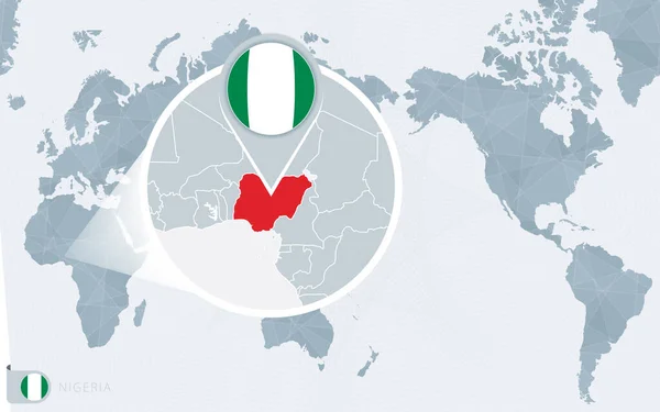 Carte Monde Centrée Sur Pacifique Avec Nigeria Agrandi Drapeau Carte — Image vectorielle