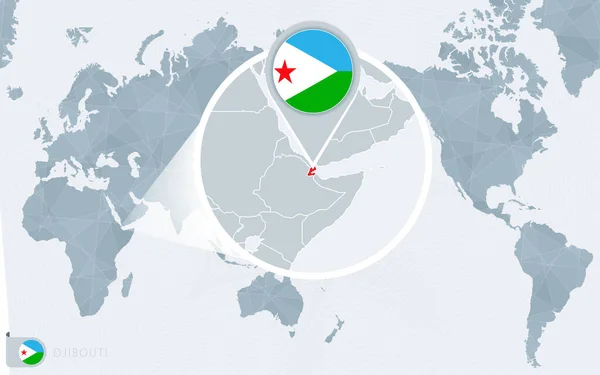 Pacific Centered World Map Magnified Djibouti Inglés Bandera Mapa Yibuti — Archivo Imágenes Vectoriales