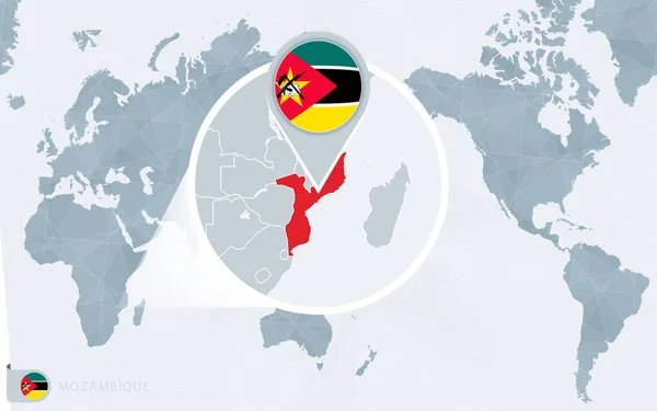 Büyütülmüş Mozambik Ile Pasifik Merkezli Dünya Haritası Mozambik Bayrağı Haritası — Stok Vektör