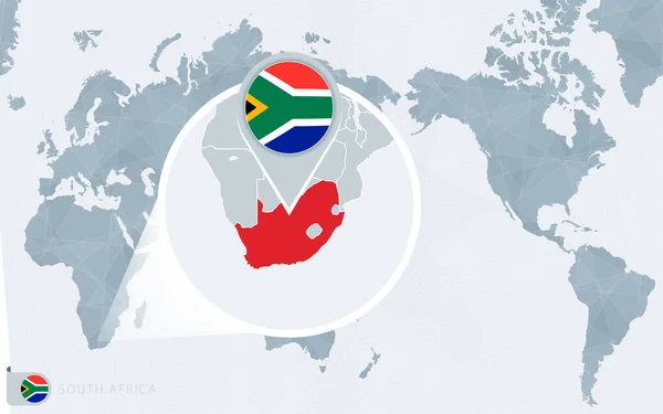 Carte Monde Centrée Sur Pacifique Avec Afrique Sud Agrandie Drapeau — Image vectorielle