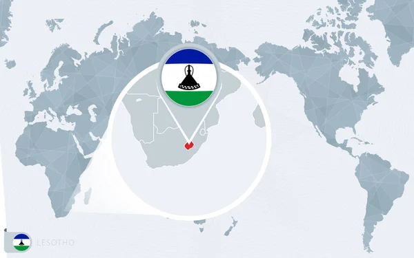 Pacific Centered Mapa Świata Powiększonym Lesotho Flaga Mapa Lesotho — Wektor stockowy