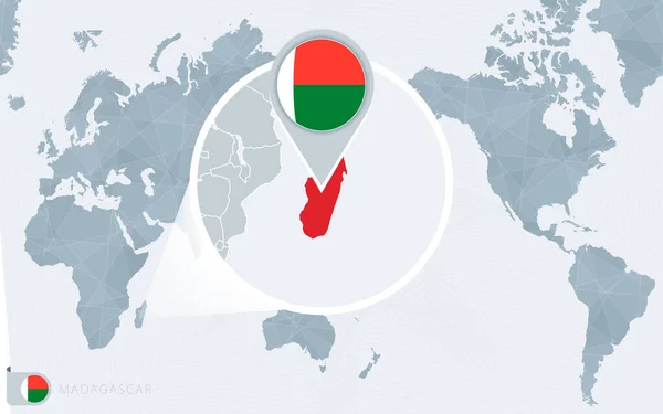 Pacific Centered Världskarta Med Förstorad Madagaskar Flagga Och Karta Över — Stock vektor