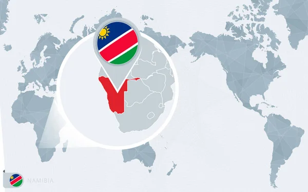 Pacific Centered World Map Magnified Namibia Прапор Карта Намібії — стоковий вектор