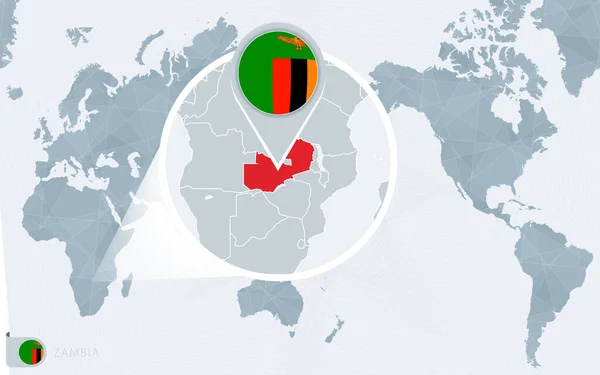 Carte Monde Centrée Sur Pacifique Avec Zambie Agrandie Drapeau Carte — Image vectorielle