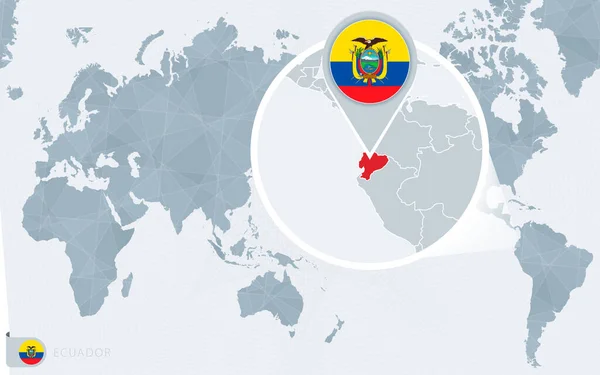 Pacific Centered World Térkép Nagyított Ecuadorral Zászló Térkép Ecuador — Stock Vector