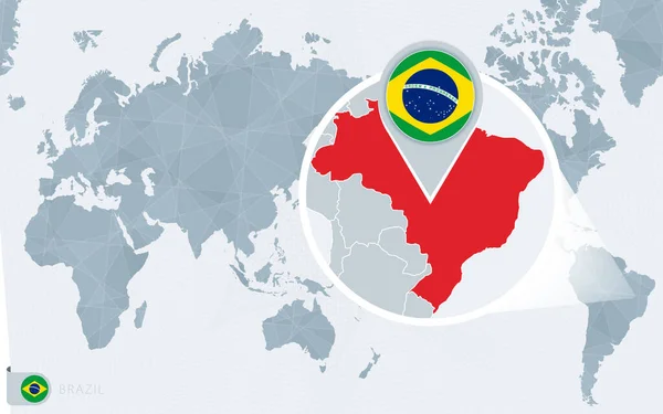 Büyütülmüş Brezilya Ile Pasifik Merkezli Dünya Haritası Brezilya Bayrağı Haritası — Stok Vektör