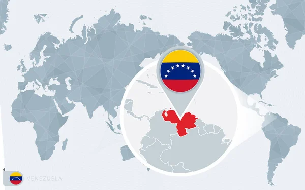 Carte Monde Centrée Sur Pacifique Avec Venezuela Magnifié Drapeau Carte — Image vectorielle